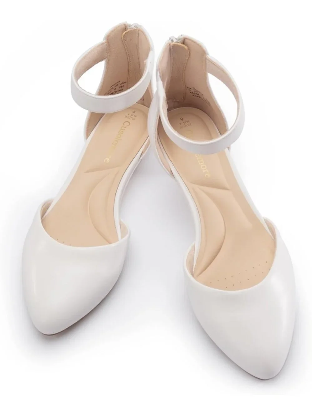 Women's White Pu Leather Flats Ankle Strap Comfortable Pointed Toe Dress Shoes
